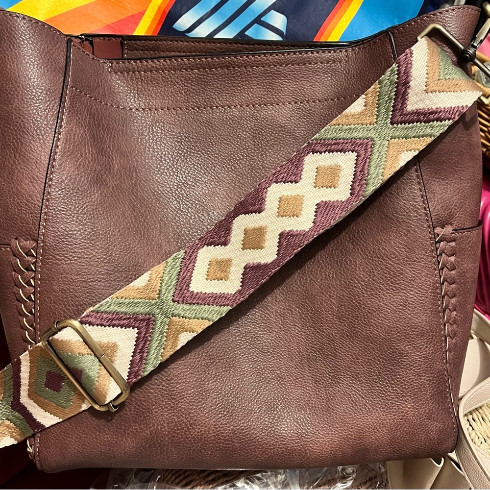 Penny Vegan Bucket Bag with patterned strap. Like new.